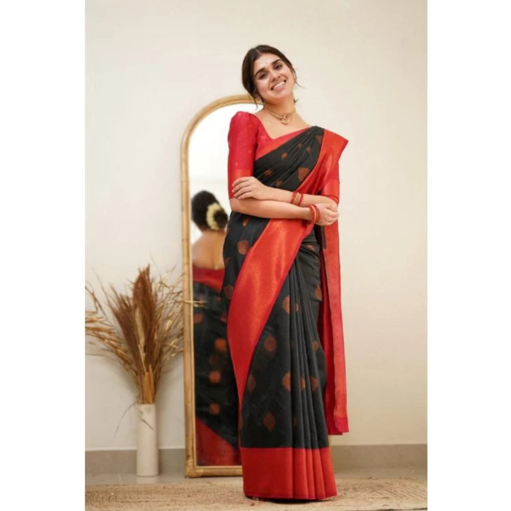Women's Silk Printed Saree With Unstitched Blouse 5.5Mtr (Black)
