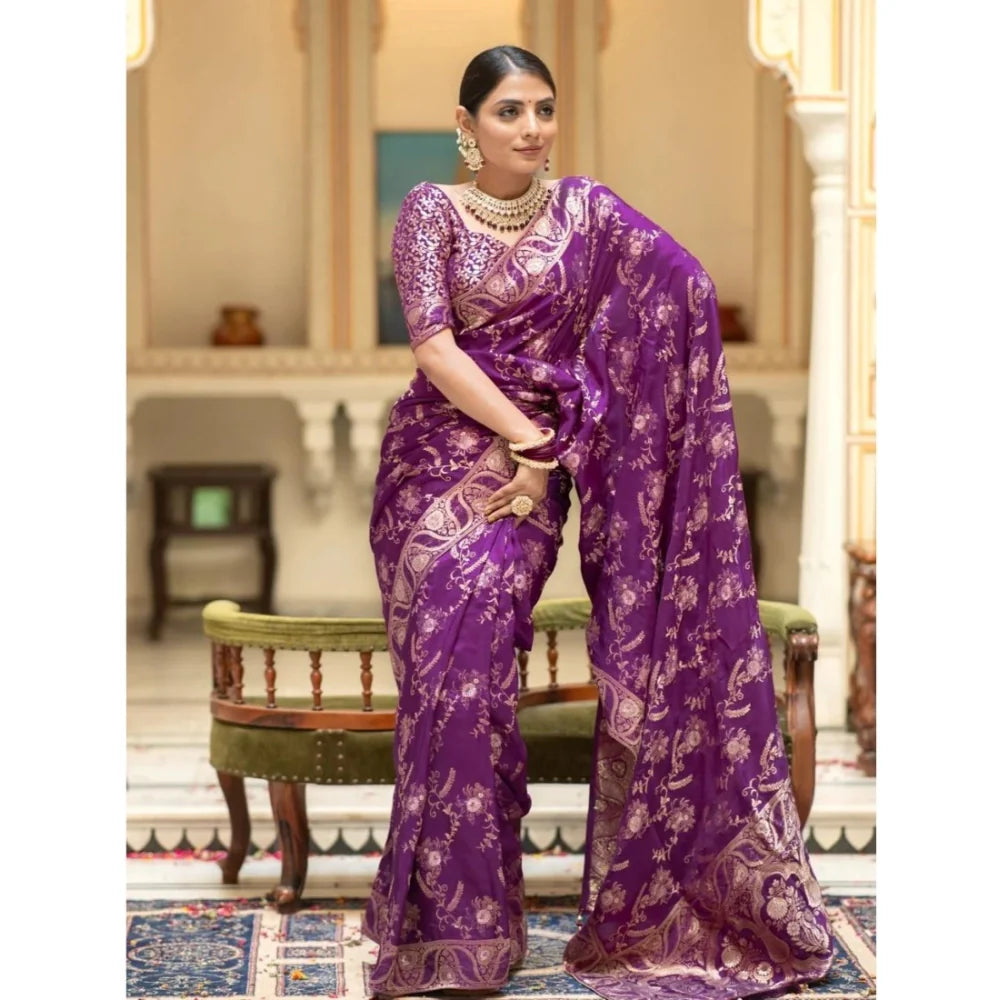Women's Silk Printed Saree With Unstitched Blouse 5.5Mtr (Purple)