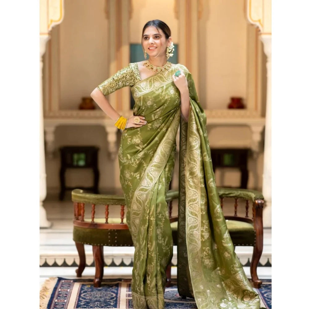 Women's Silk Printed Saree With Unstitched Blouse 5.5Mtr (Olive Green)