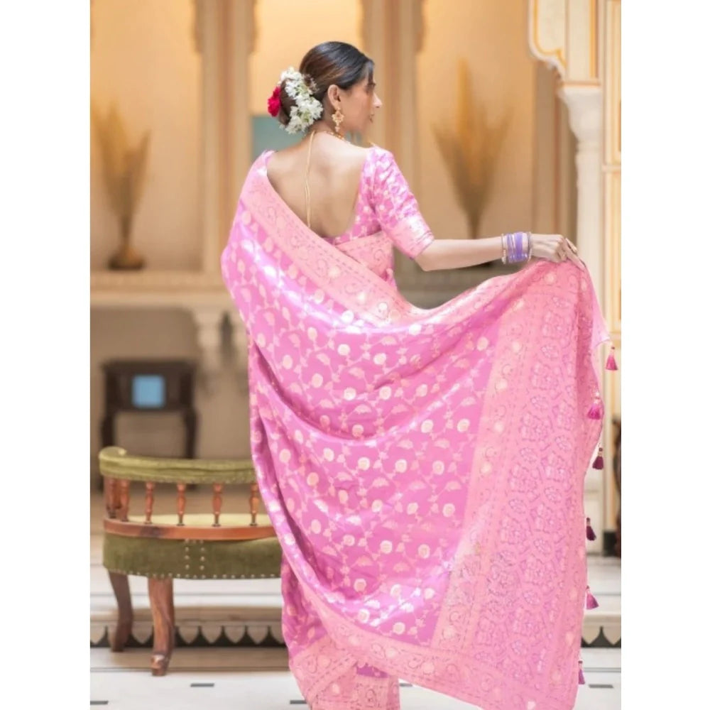 Women's Silk Printed Saree With Unstitched Blouse 5.5Mtr (Pink)