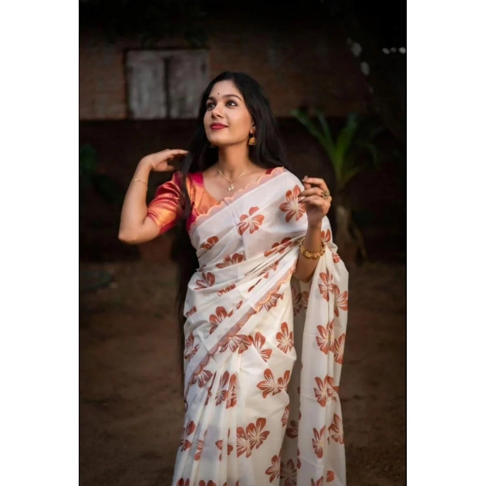 Women's Silk Printed Saree With Unstitched Blouse 5.5Mtr (White-Orange)