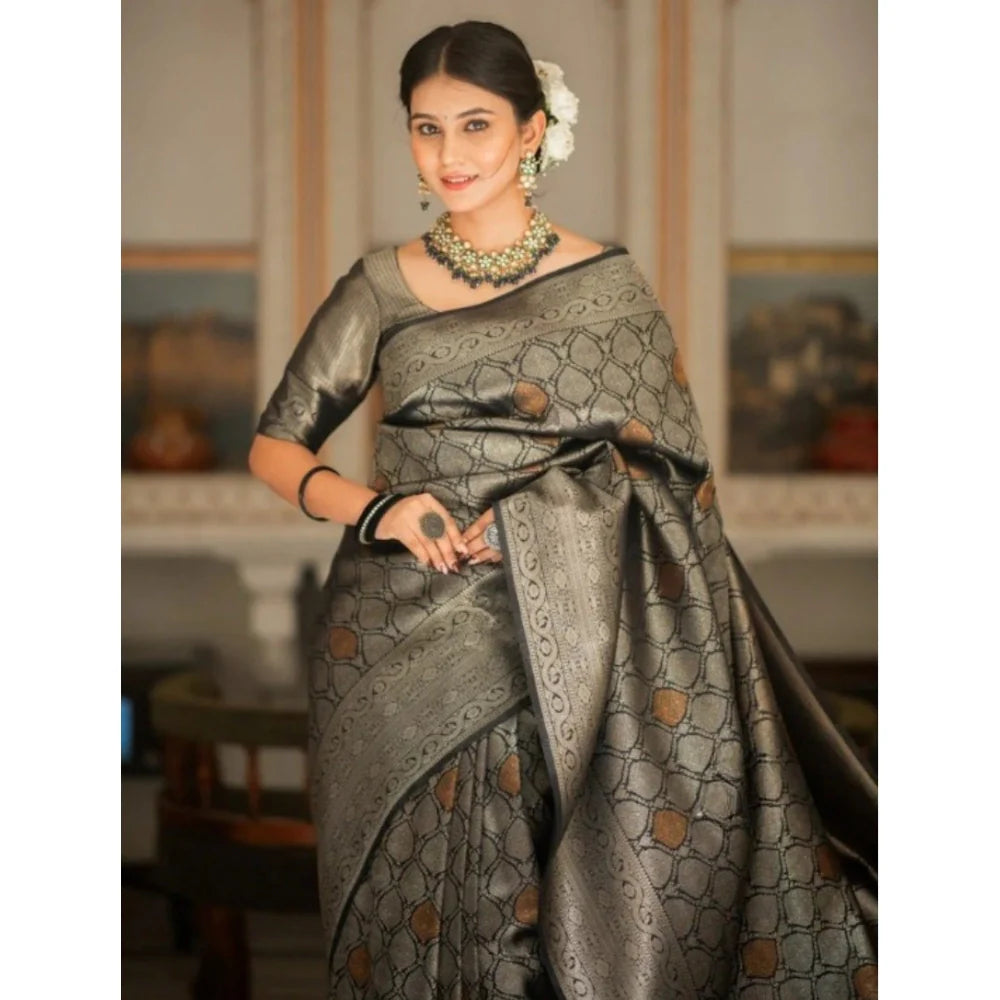 Women's Silk Printed Saree With Unstitched Blouse 5.5Mtr (Black)