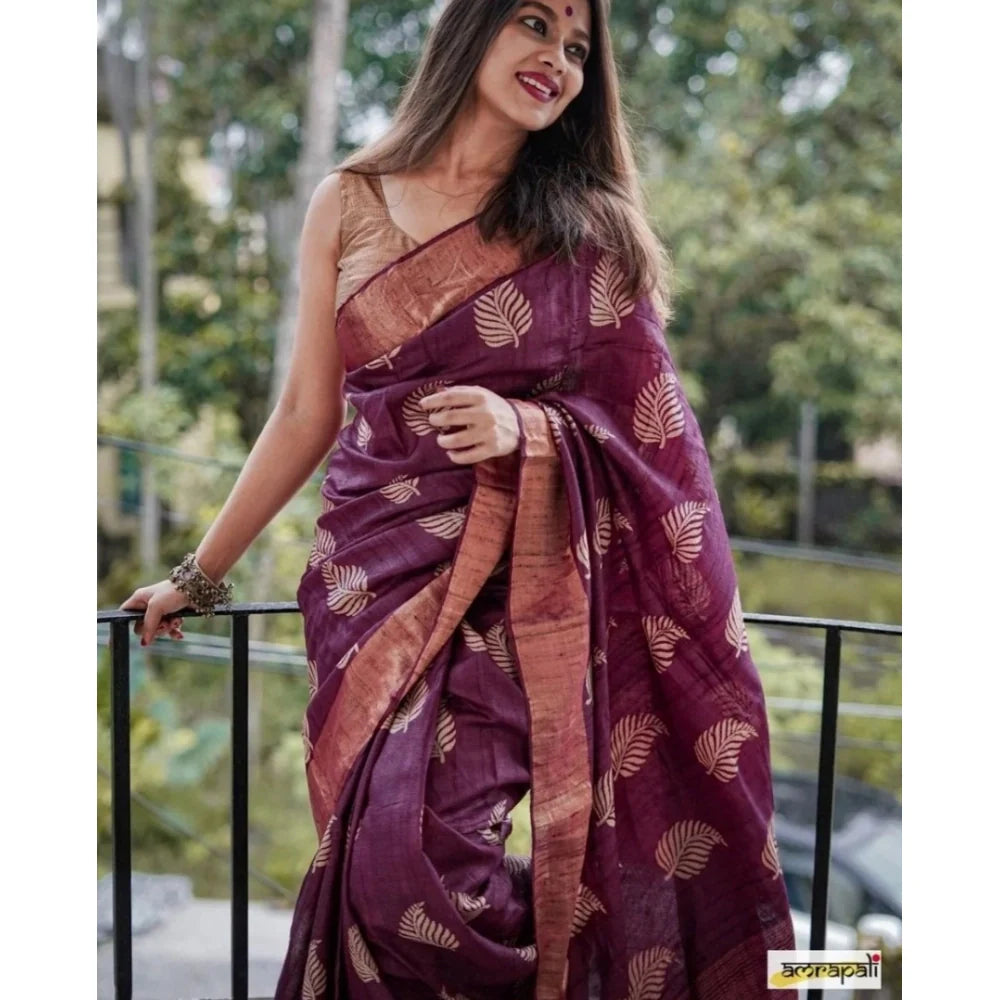 Women's Silk Printed Saree With Unstitched Blouse 5.5Mtr (Purple)