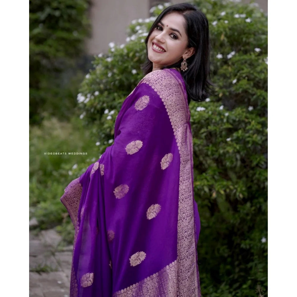 Women's Silk Printed Saree With Unstitched Blouse 5.5Mtr (Purple)