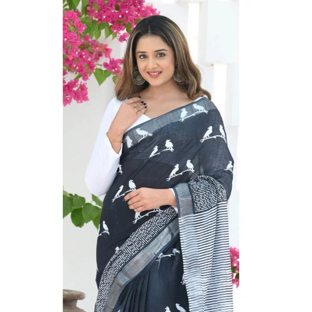 Women's Silk Printed Saree With Unstitched Blouse 5.5Mtr (Black)