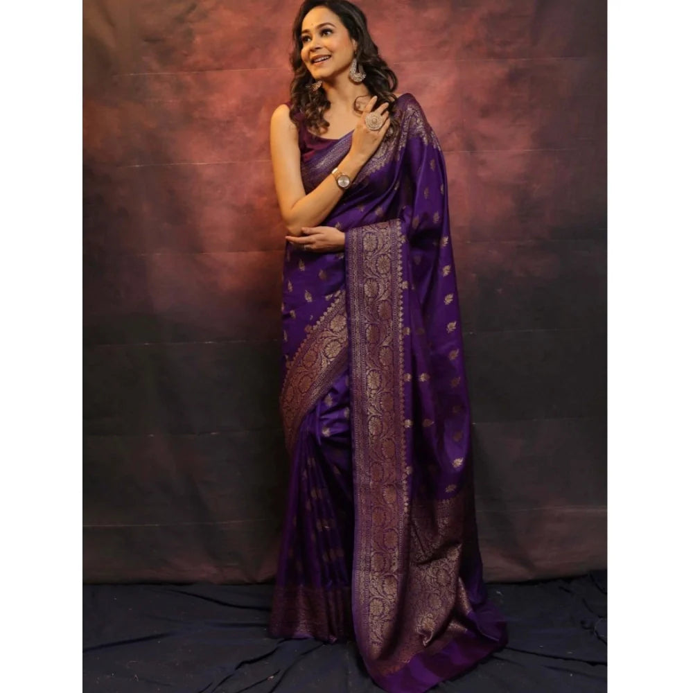 Women's Silk Printed Saree With Unstitched Blouse 5.5Mtr (Purple)