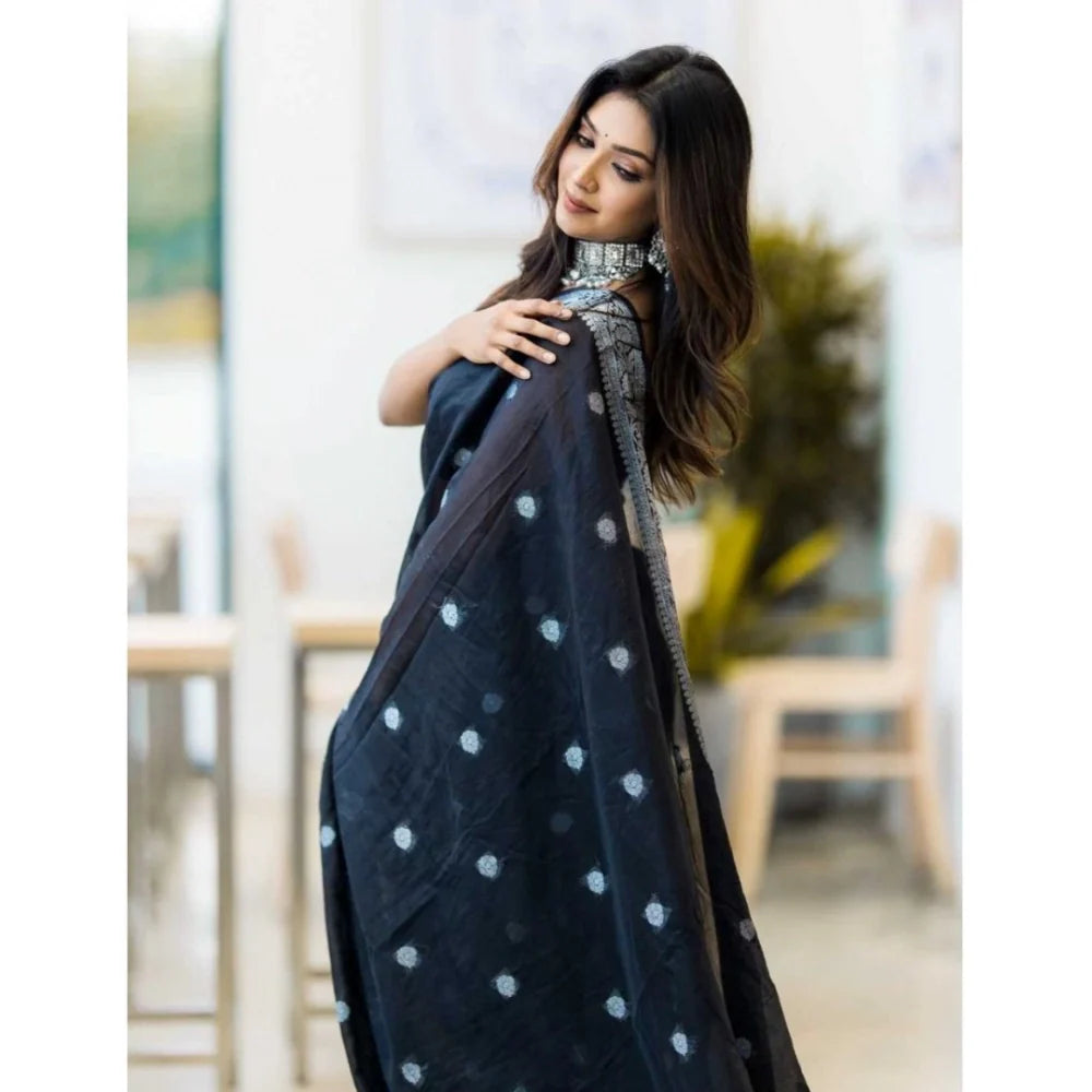 Women's Cotton  Printed Saree With Unstitched Blouse 5.5Mtr (Black)