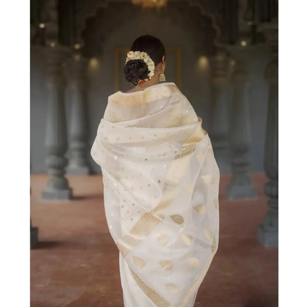 Women's Cotton  Printed Saree With Unstitched Blouse 5.5Mtr (White)