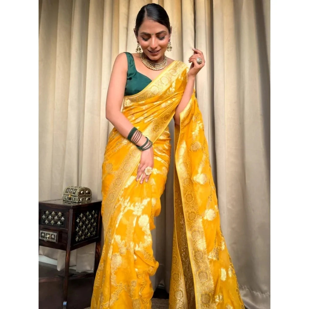 Women's Silk Printed Saree With Unstitched Blouse 5.5Mtr (Gold Yellow)