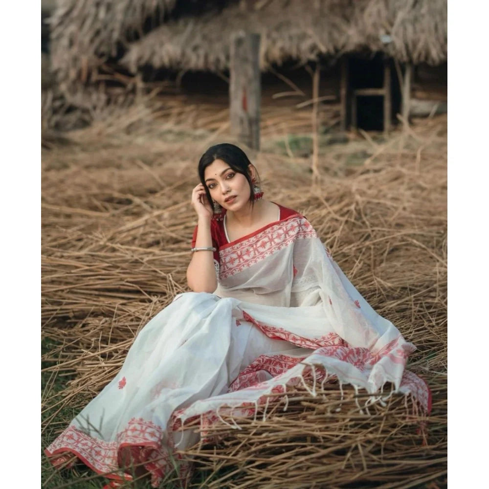 Women's Cotton  Printed Saree With Unstitched Blouse 5.5Mtr (White-Red)