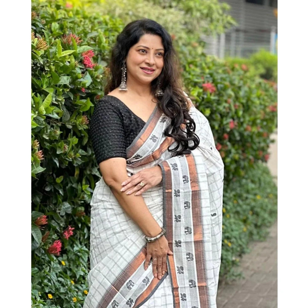 Women's Silk Printed Saree With Unstitched Blouse 5.5Mtr (Off White)