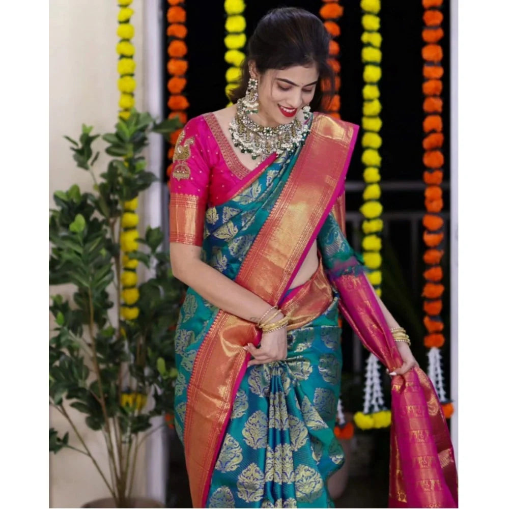 Women's Silk Printed Saree With Unstitched Blouse 5.5Mtr (Teal Blue)