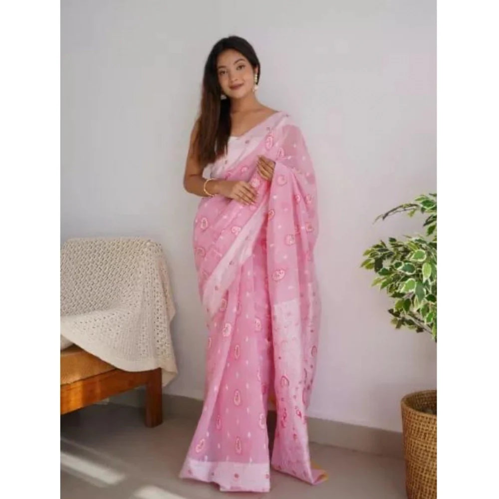 Women's Cotton  Printed Saree With Unstitched Blouse 5.5Mtr (Pink)