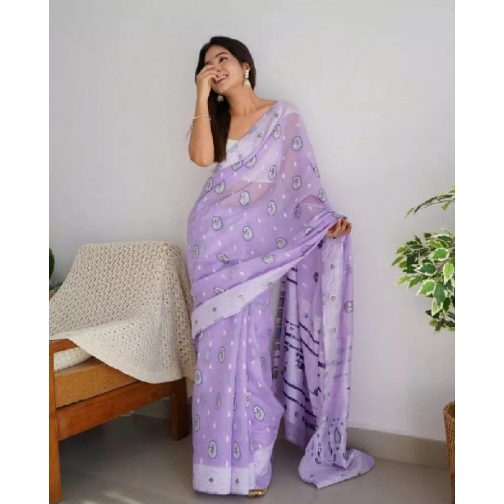 Women's Cotton  Printed Saree With Unstitched Blouse 5.5Mtr (Lavender)