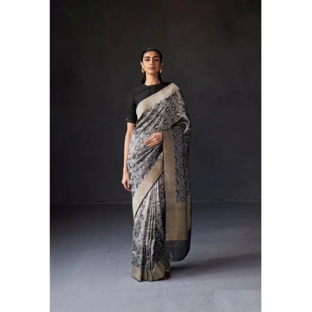Women's Silk Printed Saree With Unstitched Blouse 5.5Mtr (Grey)