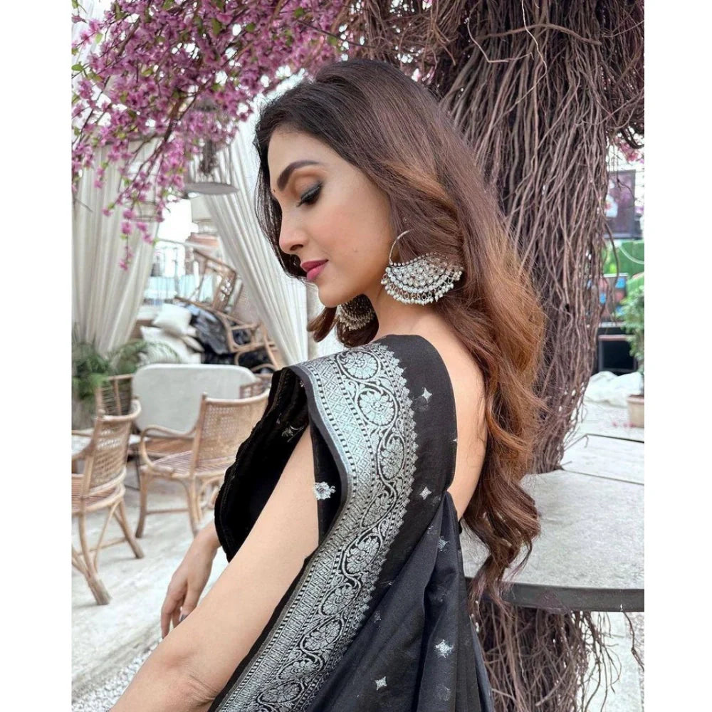 Women's Silk Printed Saree With Unstitched Blouse 5.5Mtr (Black)