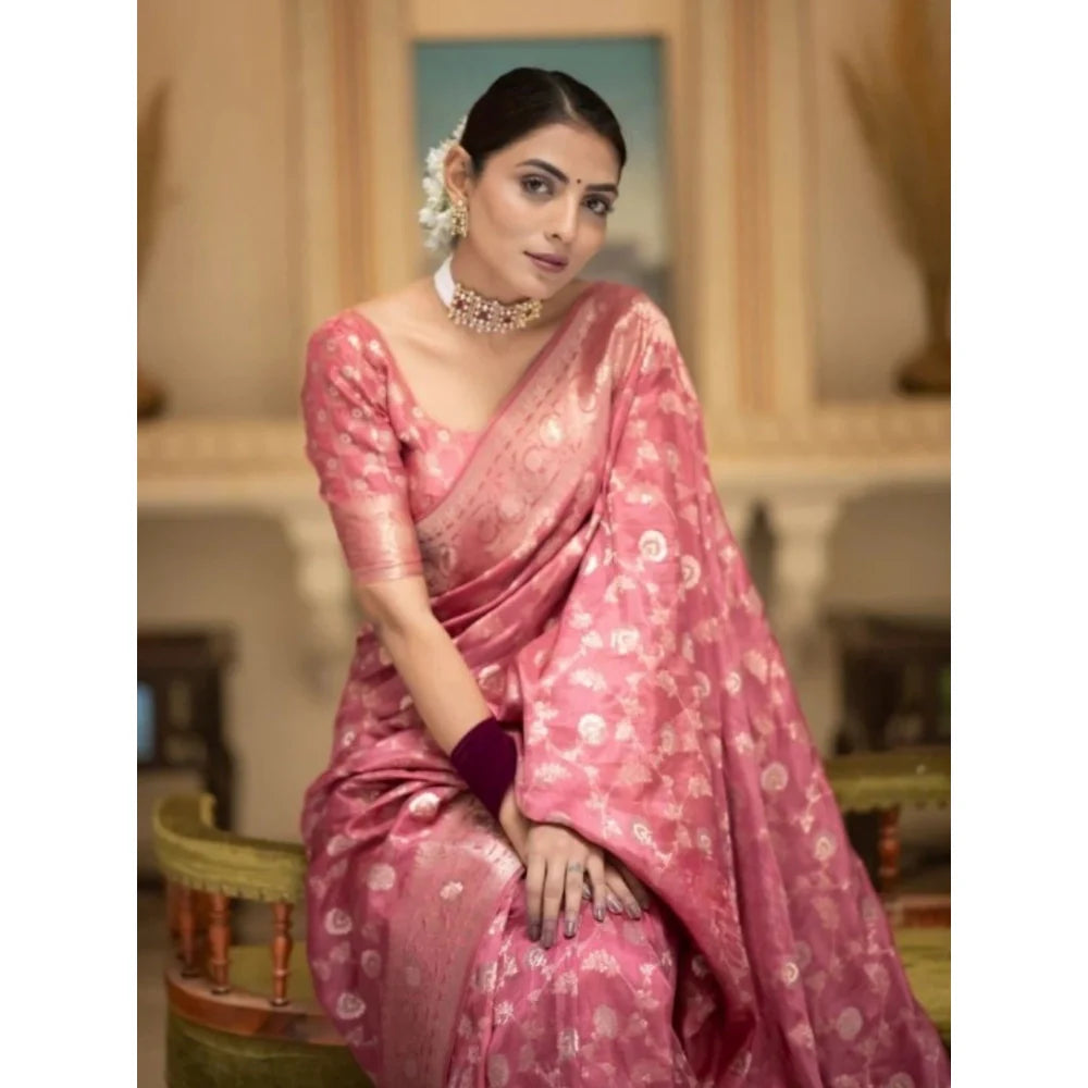 Women's Silk Printed Saree With Unstitched Blouse 5.5Mtr (Peach)
