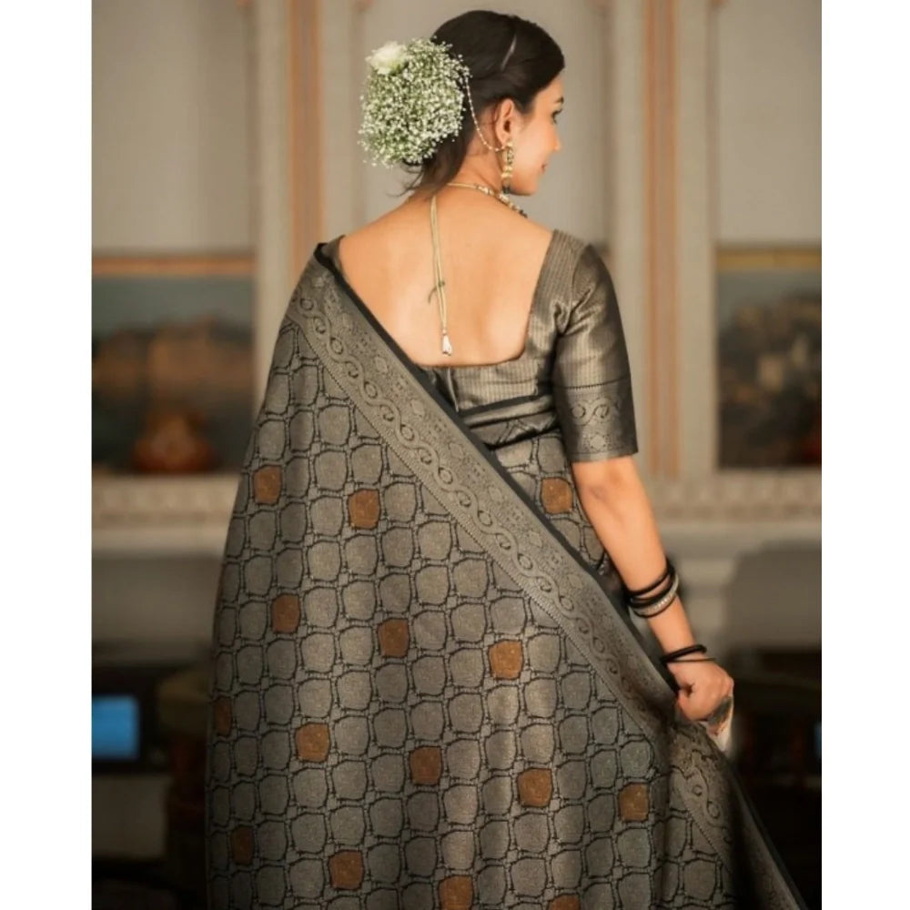 Women's Silk Printed Saree With Unstitched Blouse 5.5Mtr (Black)
