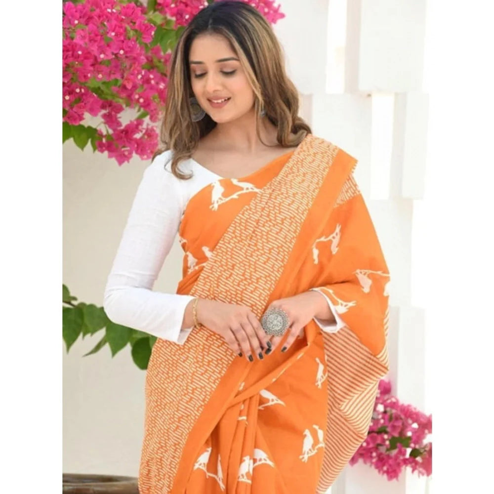 Women's Silk Printed Saree With Unstitched Blouse 5.5Mtr (Orange)