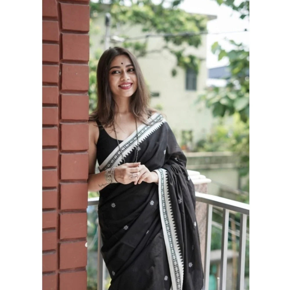 Women's Cotton  Printed Saree With Unstitched Blouse 5.5Mtr (Black)