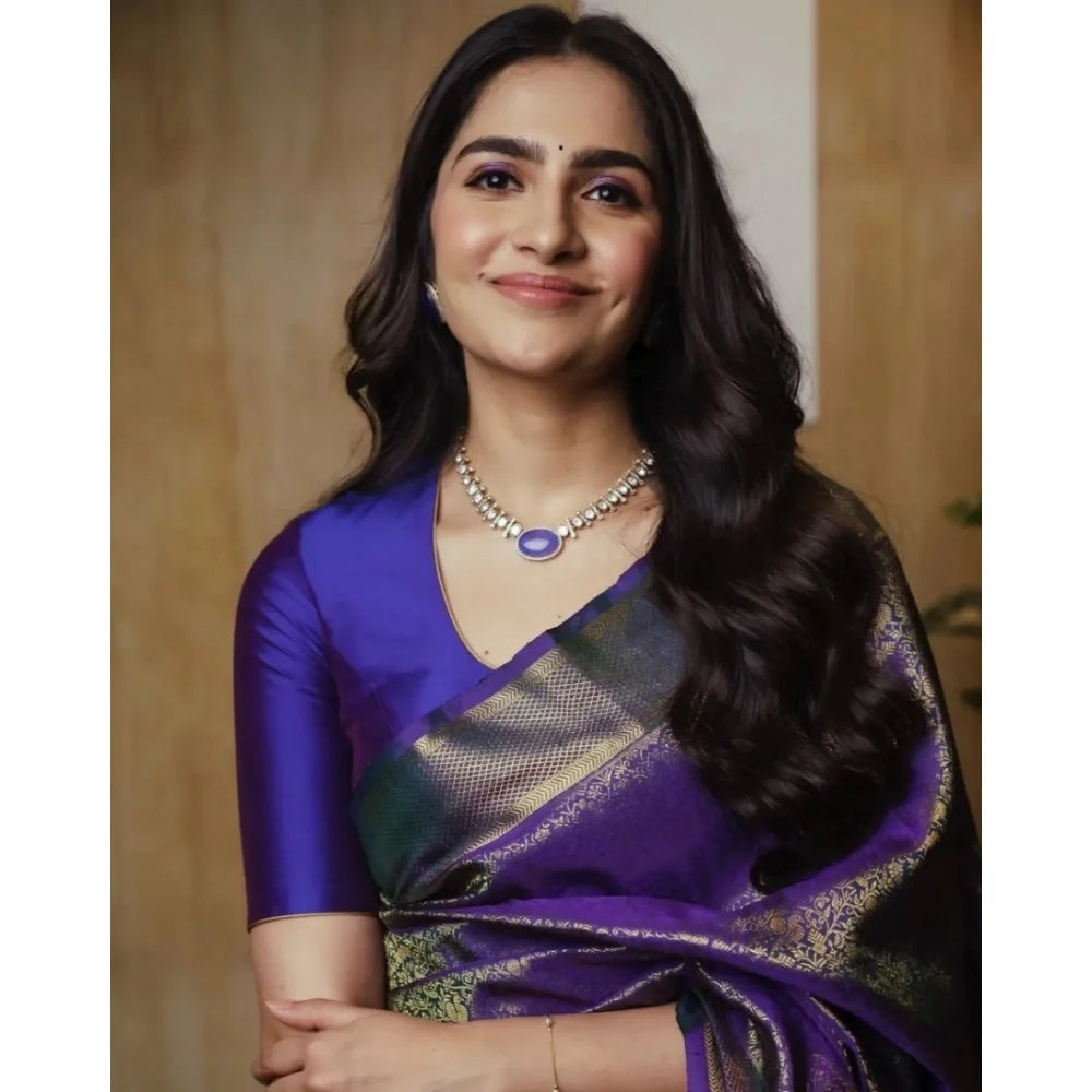 Women's Silk Printed Saree With Unstitched Blouse 5.5Mtr (Purple)