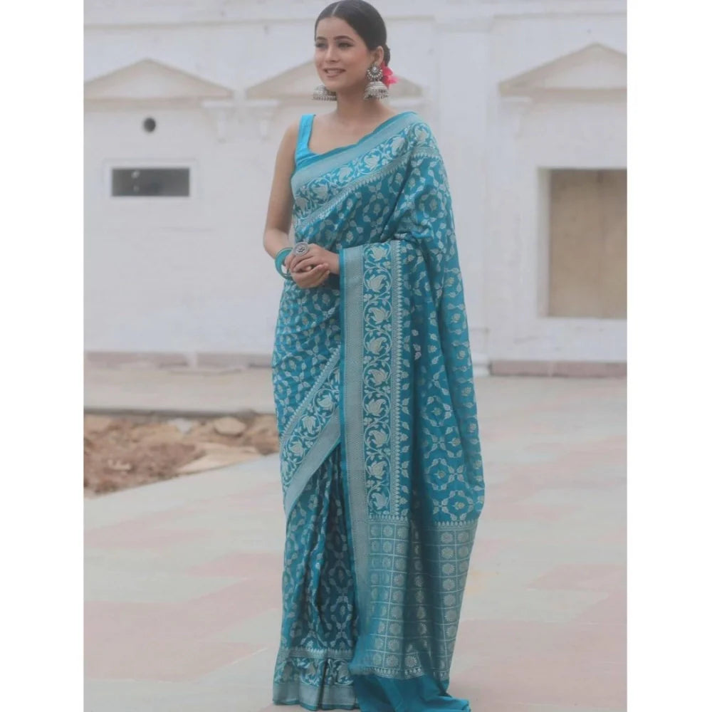Women's Silk Printed Saree With Unstitched Blouse 5.5Mtr (Sky Blue)