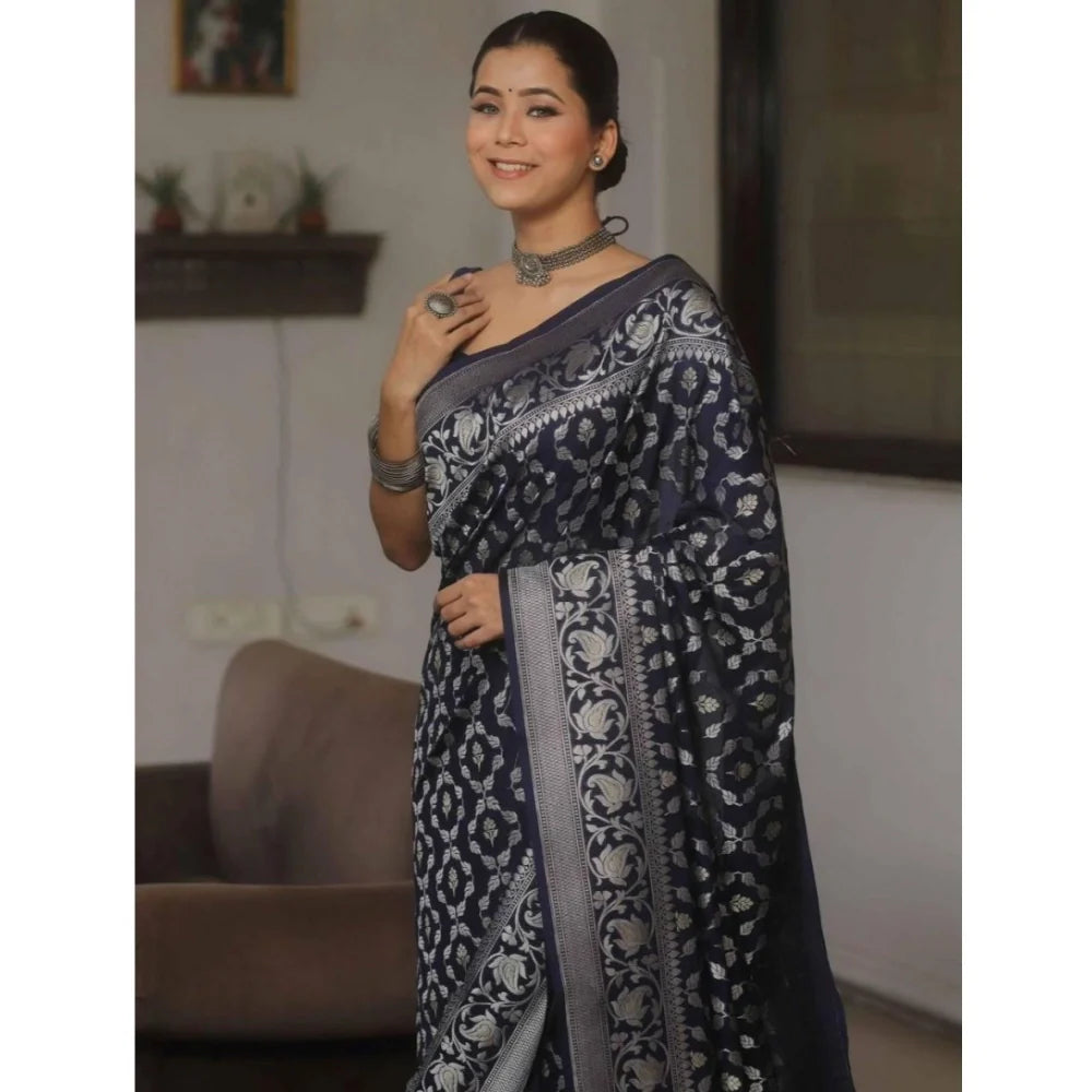 Women's Silk Printed Saree With Unstitched Blouse 5.5Mtr (Navy Blue)
