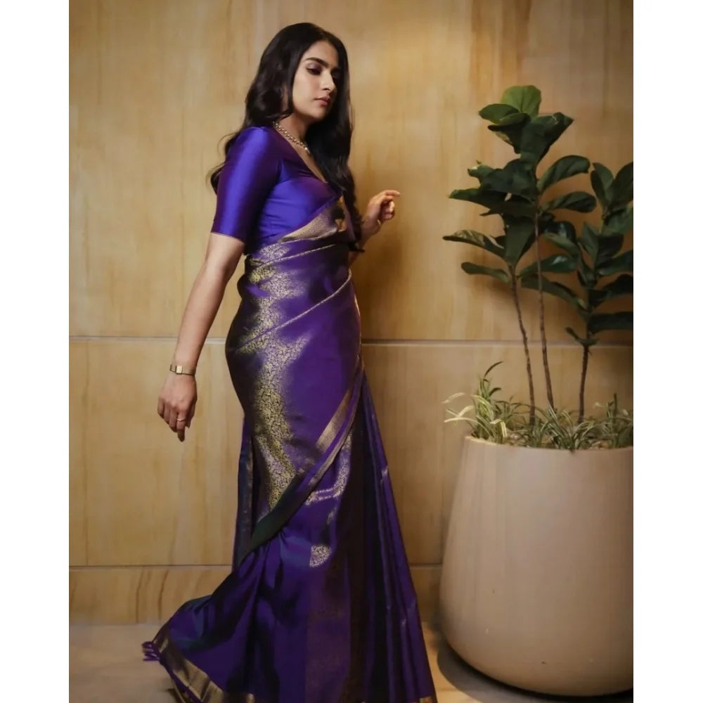 Women's Silk Printed Saree With Unstitched Blouse 5.5Mtr (Purple)
