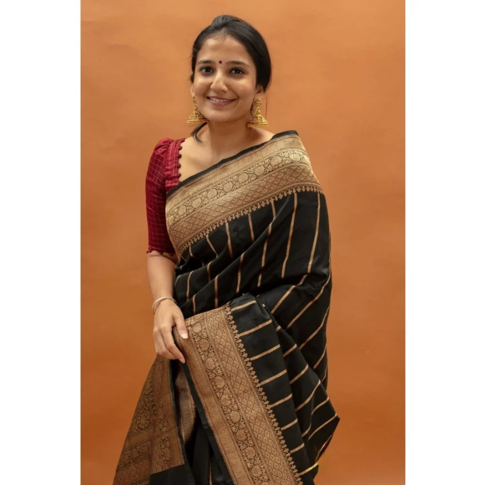 Women's Silk Printed Saree With Unstitched Blouse 5.5Mtr (Black)