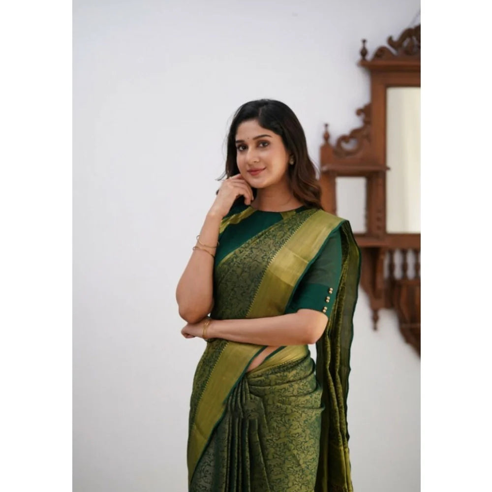 Women's Silk Printed Saree With Unstitched Blouse 5.5Mtr (Green)