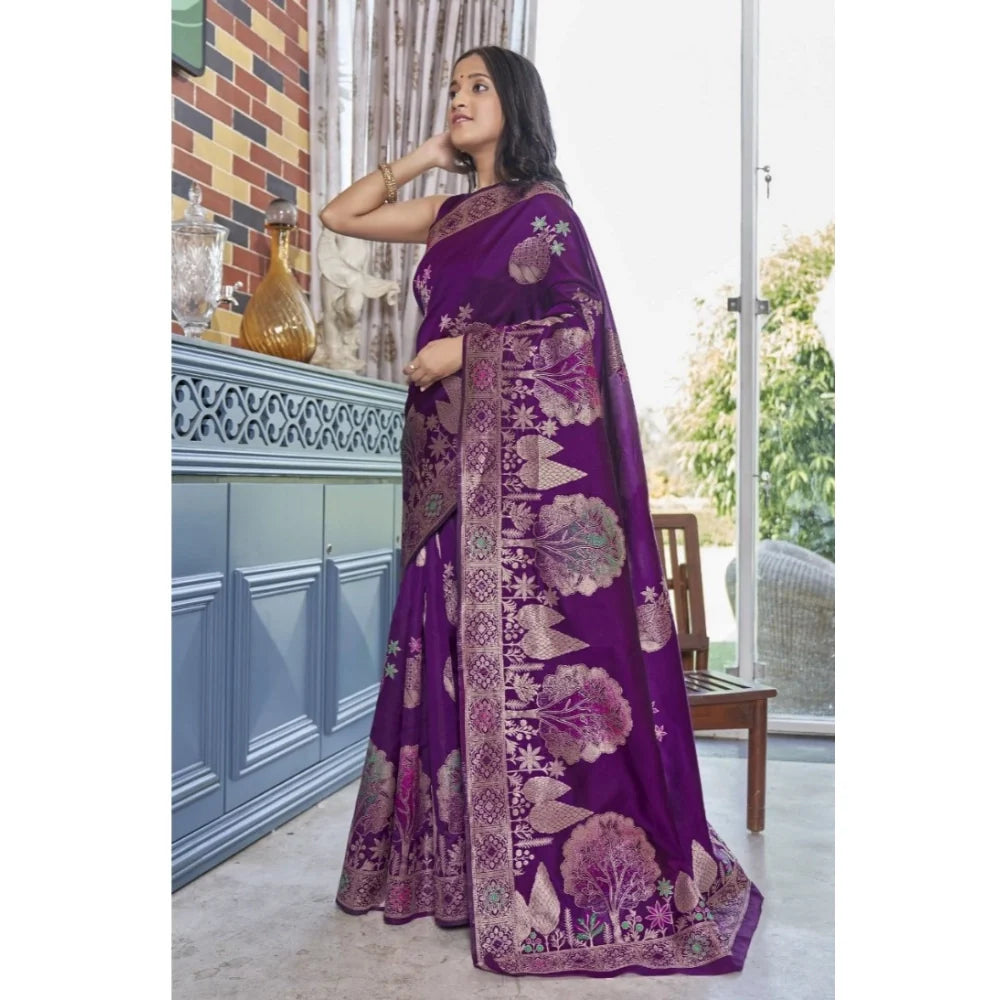 Women's Silk Printed Saree With Unstitched Blouse 5.5Mtr (Purple)