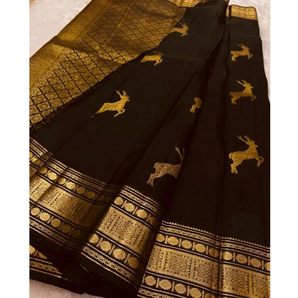 Women's Silk Printed Saree With Unstitched Blouse 5.5Mtr (Black)