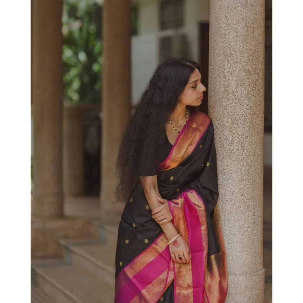 Women's Silk Printed Saree With Unstitched Blouse 5.5Mtr (Black-Pink)