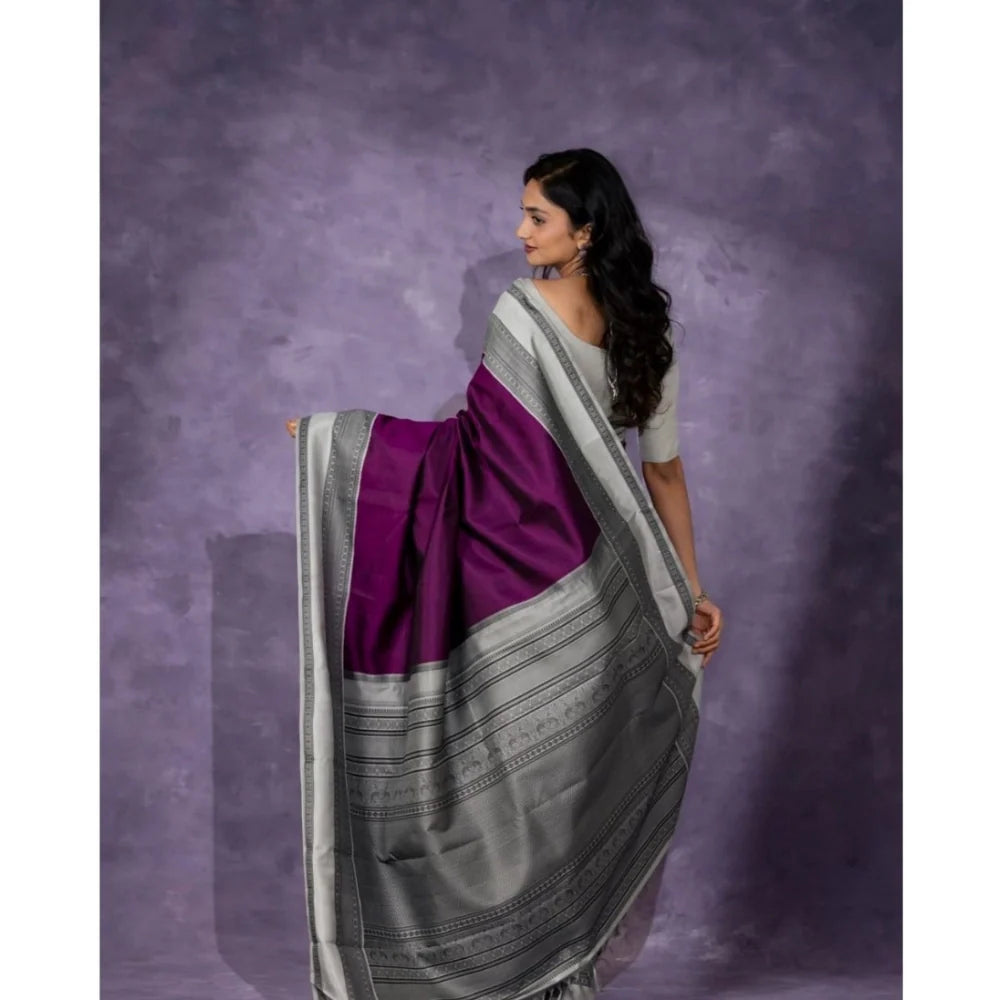 Women's Silk Printed Saree With Unstitched Blouse 5.5Mtr (Purple)