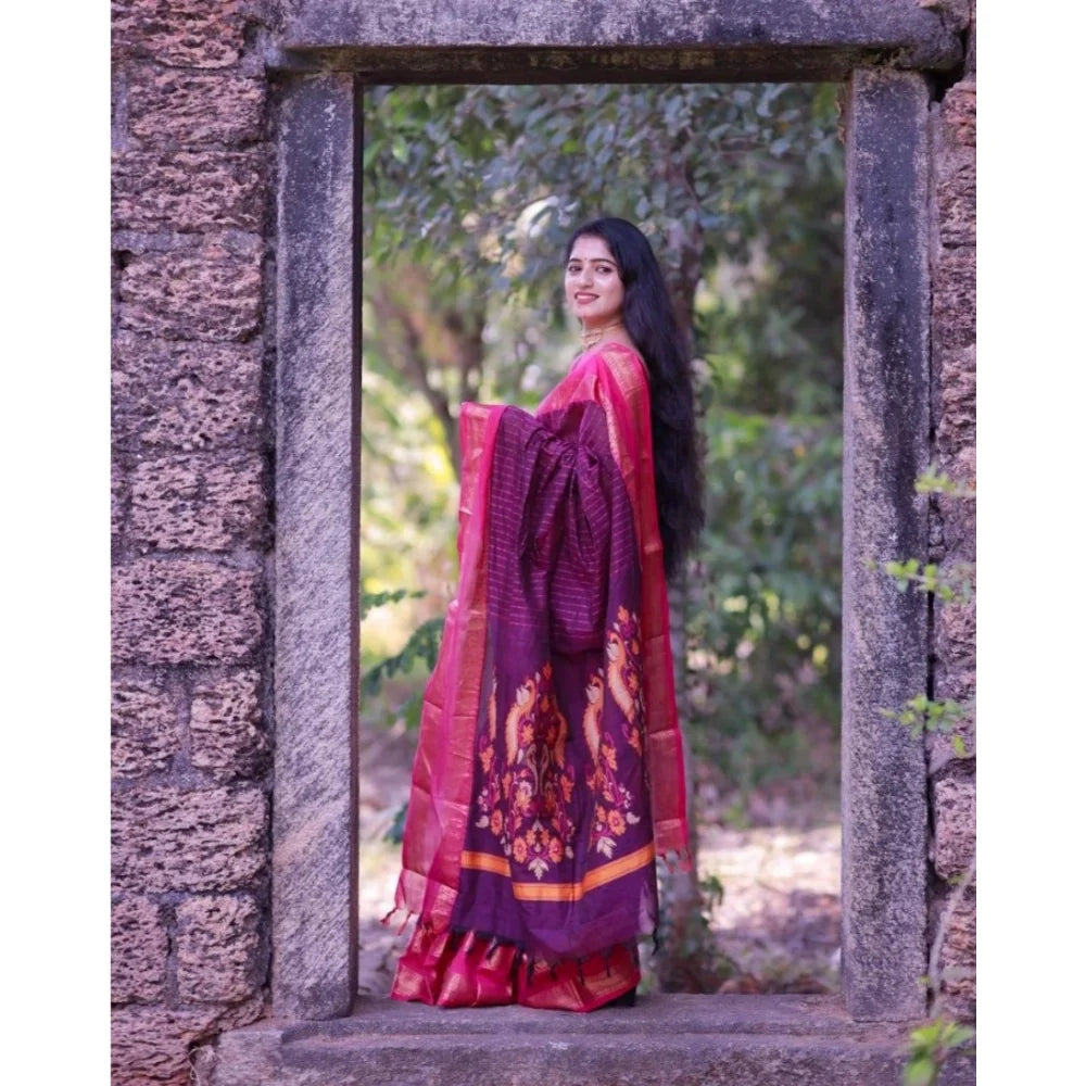 Women's Silk Printed Saree With Unstitched Blouse 5.5Mtr (Purple)