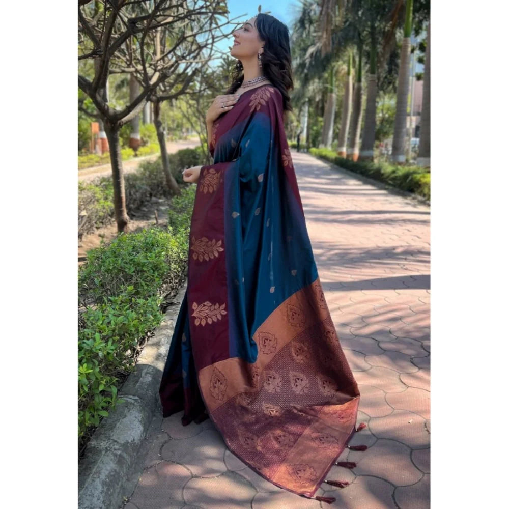 Women's Silk Printed Saree With Unstitched Blouse 5.5Mtr (Blue)