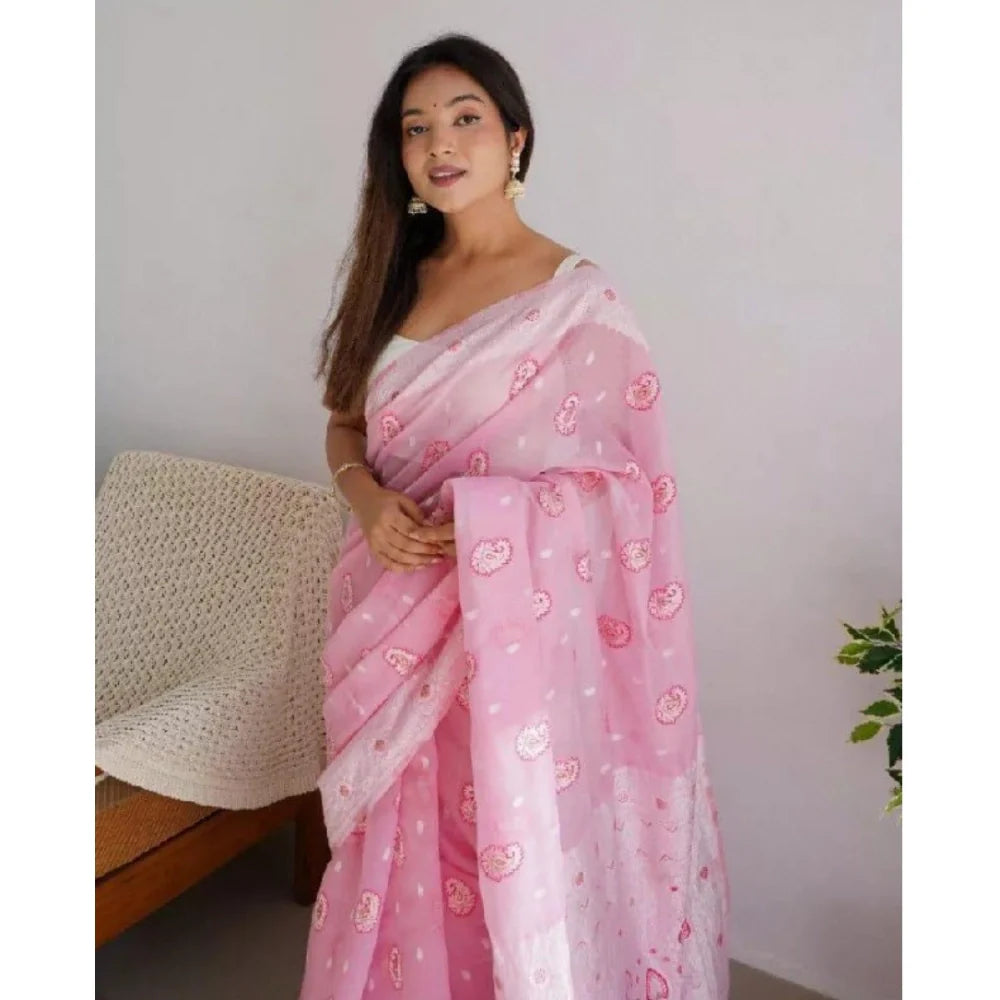 Women's Cotton  Printed Saree With Unstitched Blouse 5.5Mtr (Pink)