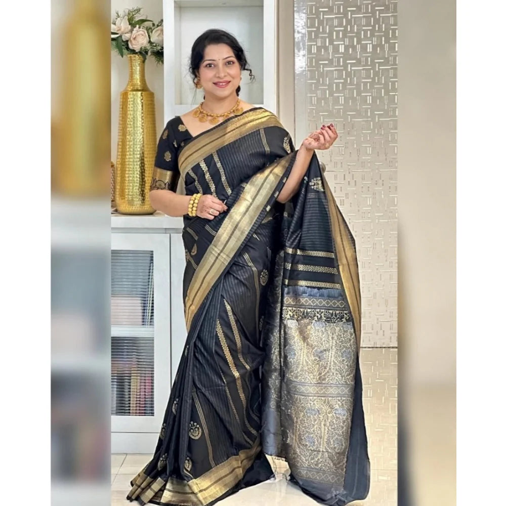 Women's Silk Printed Saree With Unstitched Blouse 5.5Mtr (Black)