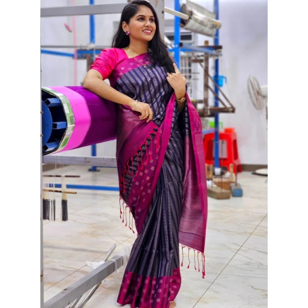 Women's Silk Printed Saree With Unstitched Blouse 5.5Mtr (Navy Blue)