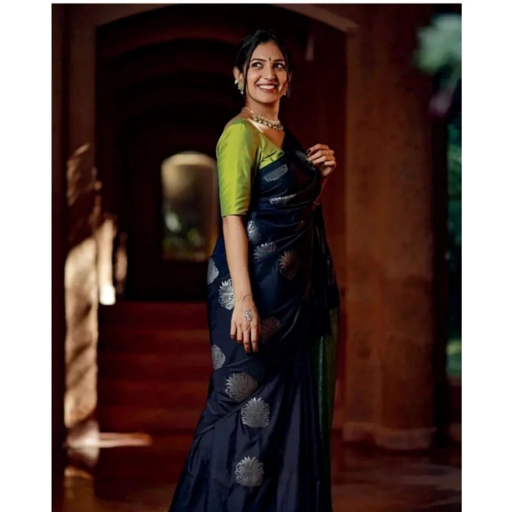 Women's Silk Printed Saree With Unstitched Blouse 5.5Mtr (Navy Blue)