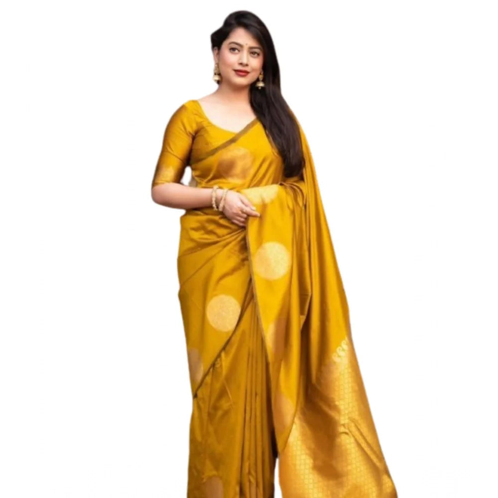 Women's Silk Printed Saree With Unstitched Blouse 5.5Mtr (Yellow)