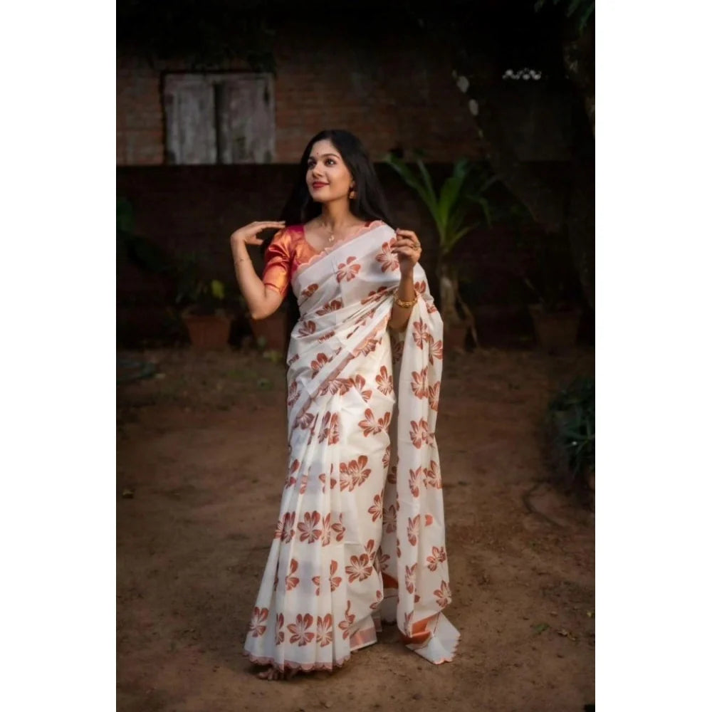 Women's Silk Printed Saree With Unstitched Blouse 5.5Mtr (White-Orange)