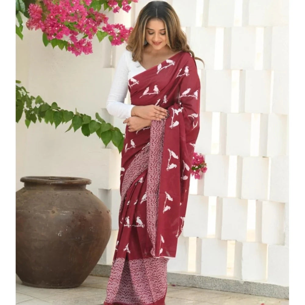 Women's Silk Printed Saree With Unstitched Blouse 5.5Mtr (Maroon)
