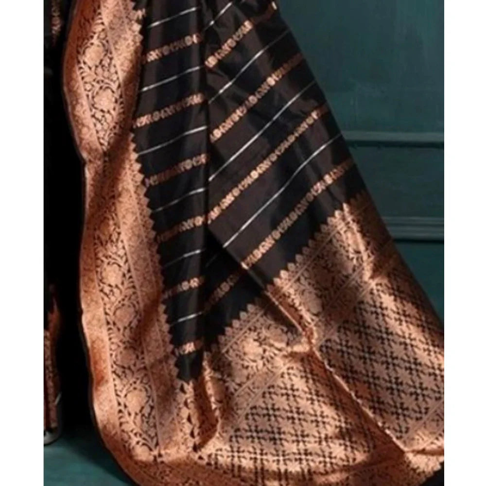 Women's Silk Printed Saree With Unstitched Blouse 5.5Mtr (Black)