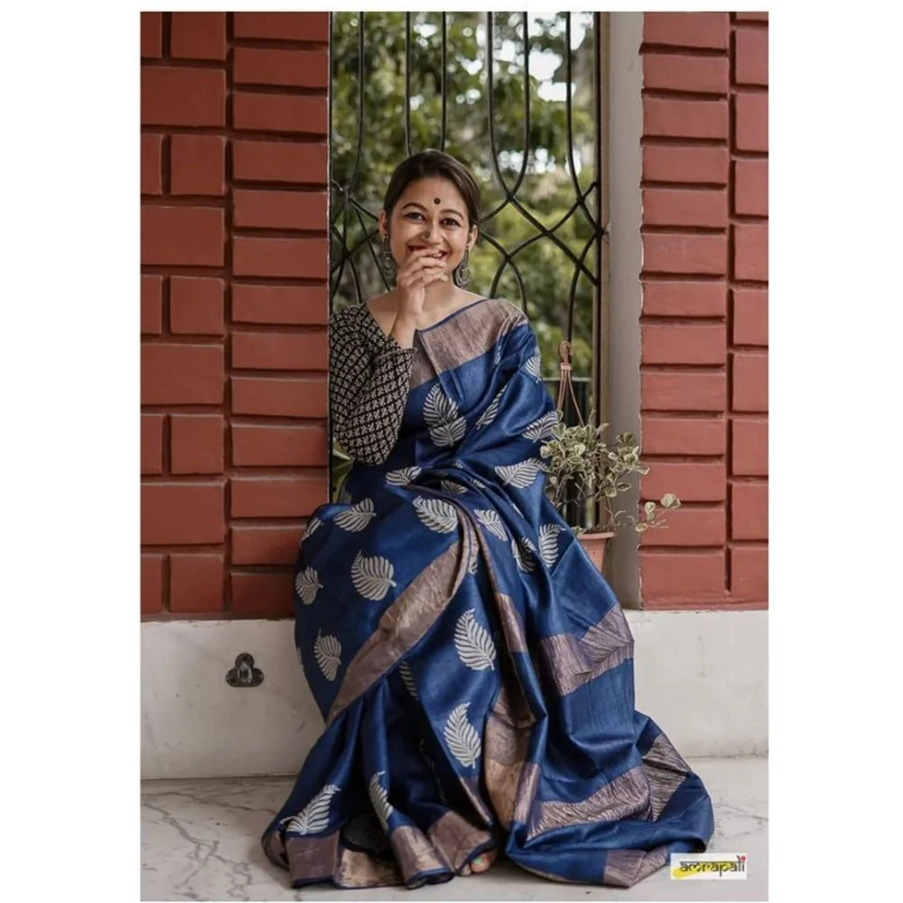 Women's Silk Printed Saree With Unstitched Blouse 5.5Mtr (Navy Blue)