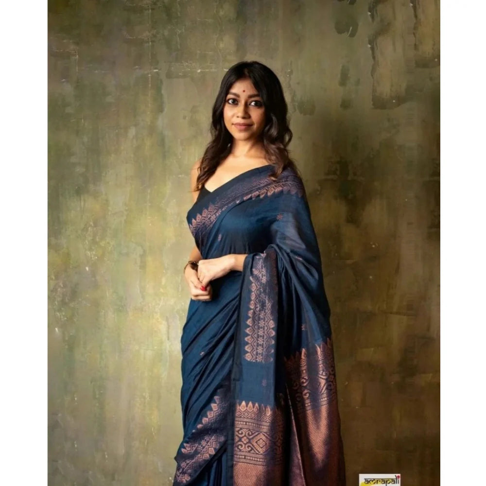 Women's Silk Printed Saree With Unstitched Blouse 5.5Mtr (Navy Blue)