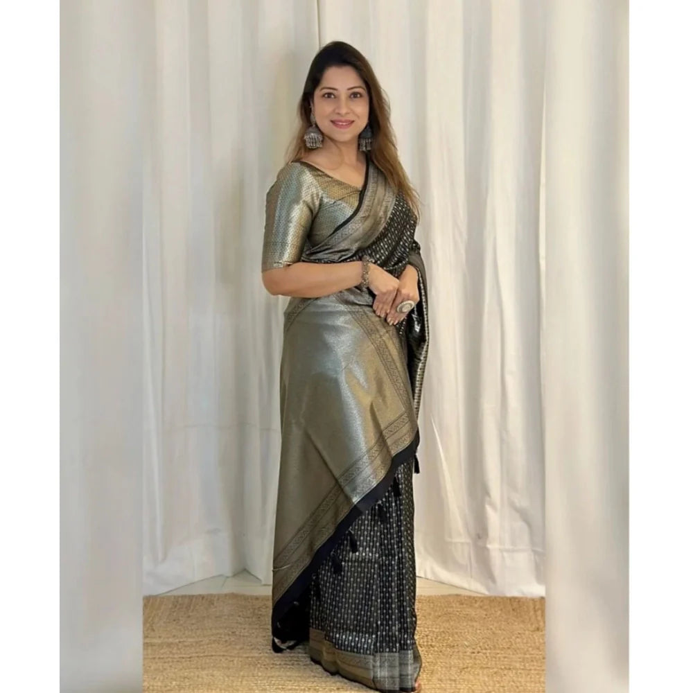 Women's Silk Printed Saree With Unstitched Blouse 5.5Mtr (Black)