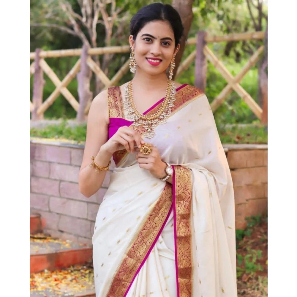 Women's Silk Printed Saree With Unstitched Blouse 5.5Mtr (White)