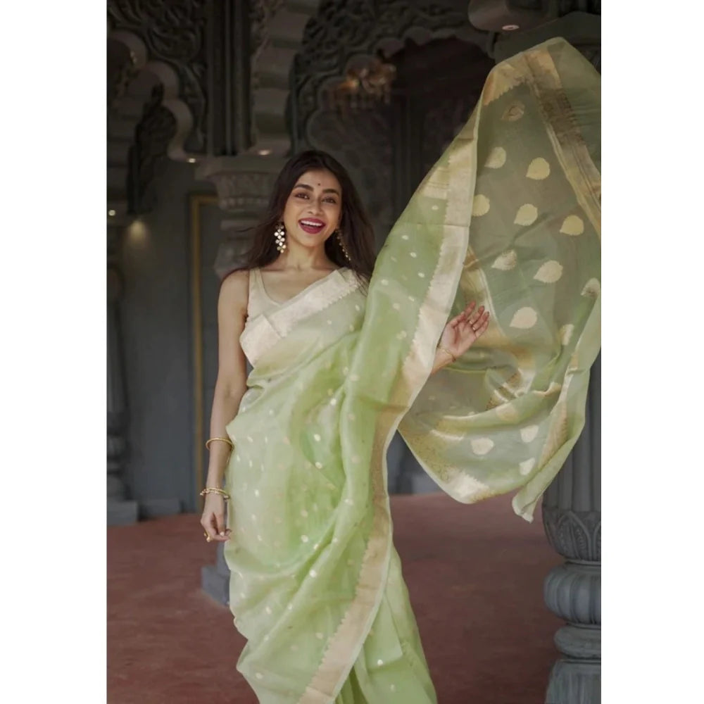 Women's Cotton  Printed Saree With Unstitched Blouse 5.5Mtr (Pista)