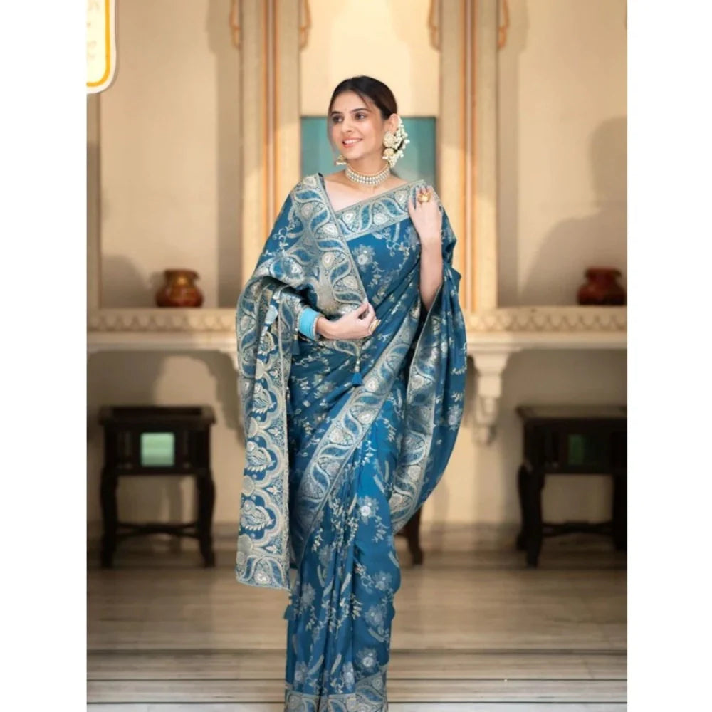 Women's Silk Printed Saree With Unstitched Blouse 5.5Mtr (Teal Blue)
